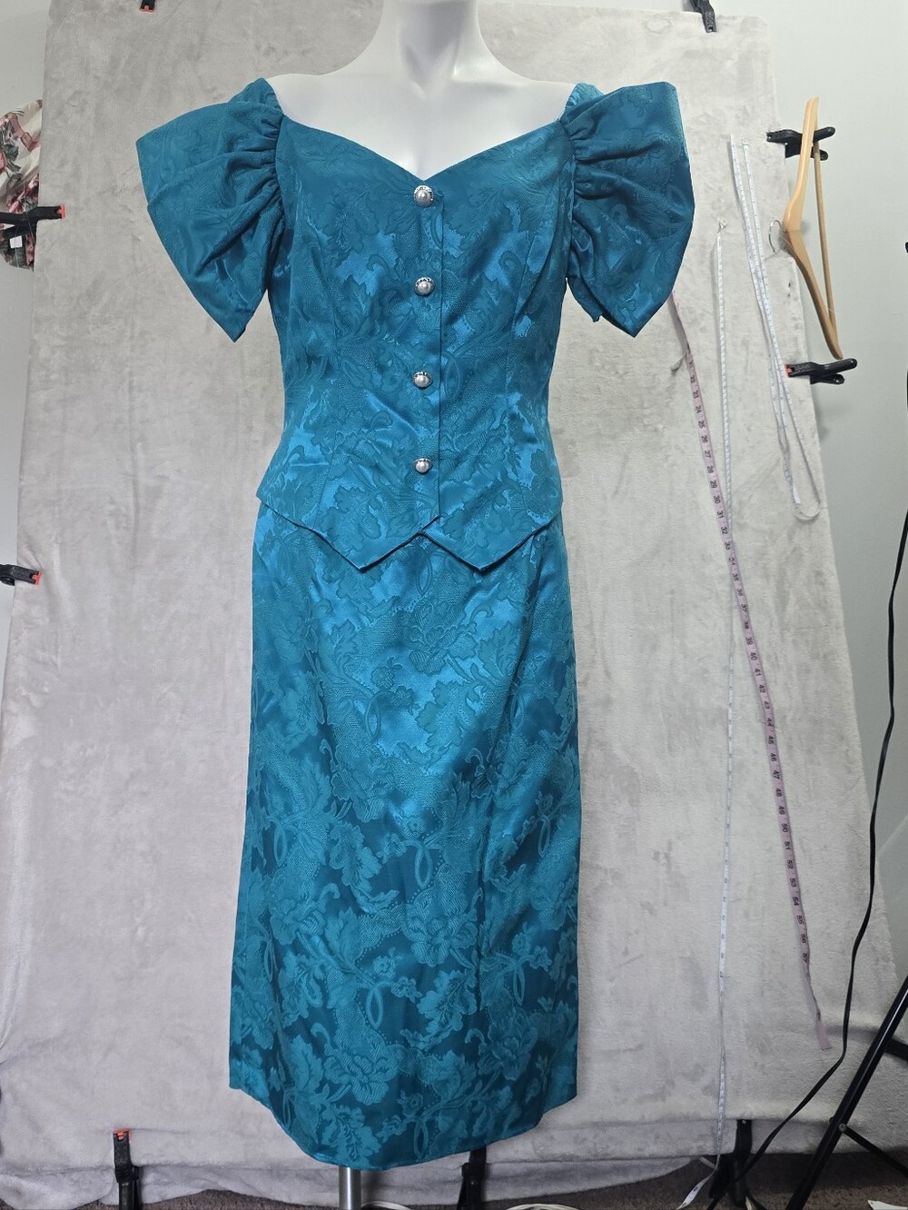Vintage 80s Union Made Turquoise Jacquard Puff Sleeve Party Formal Dress